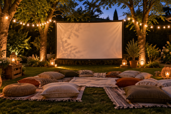 Cinema în aer liber într-o grădină, cu ecran alb între copaci, perne și pături pe iarbă și ghirlande de lumini