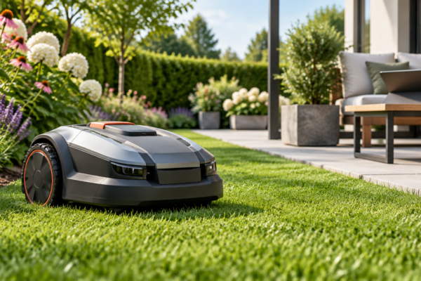 Robot de tuns iarba pe gazon verde lângă straturi de flori, cu o tabletă pe o masă de pe terasă